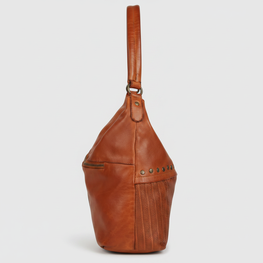 MET Premium Leather Handbag. Studded Hobo Tote with Artisan Scallop Embossing-3
