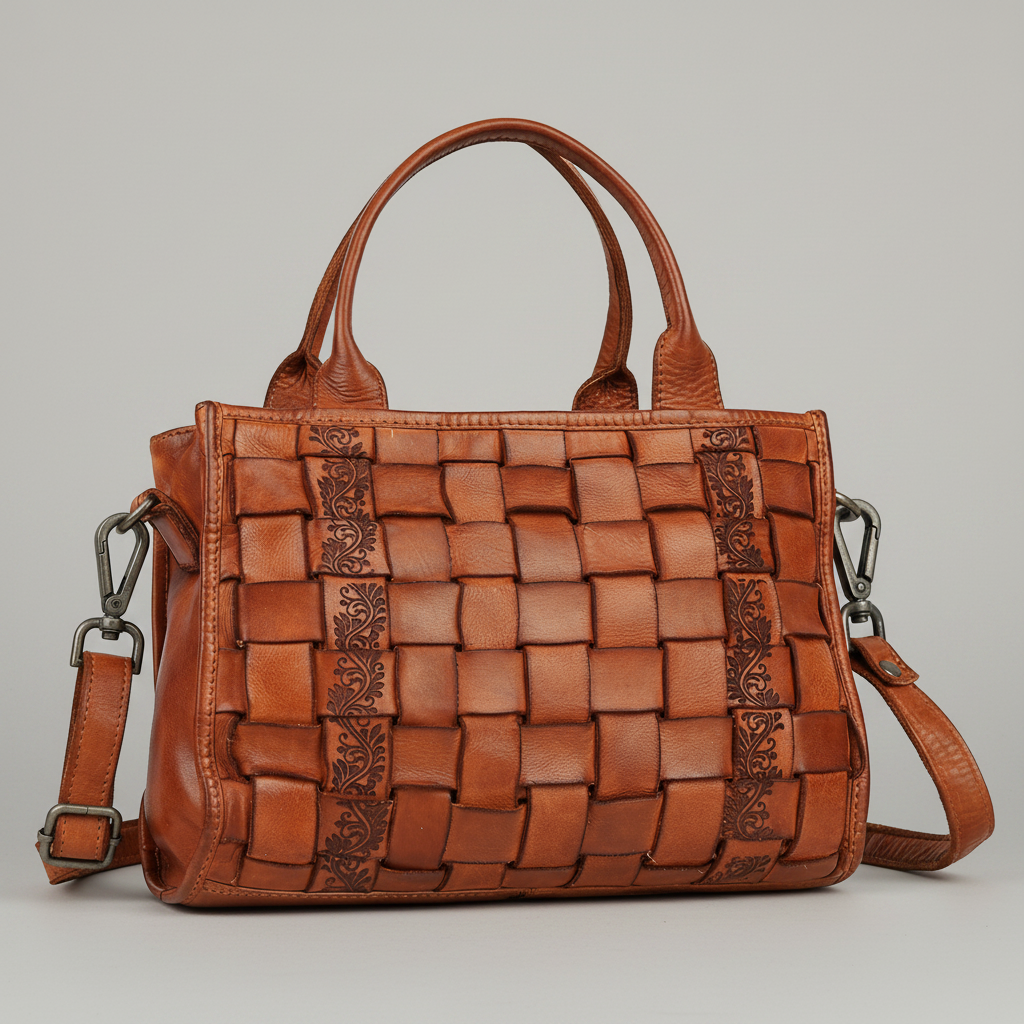 MET Premium Leather Handle Bag. Woven Leather Satchel-1