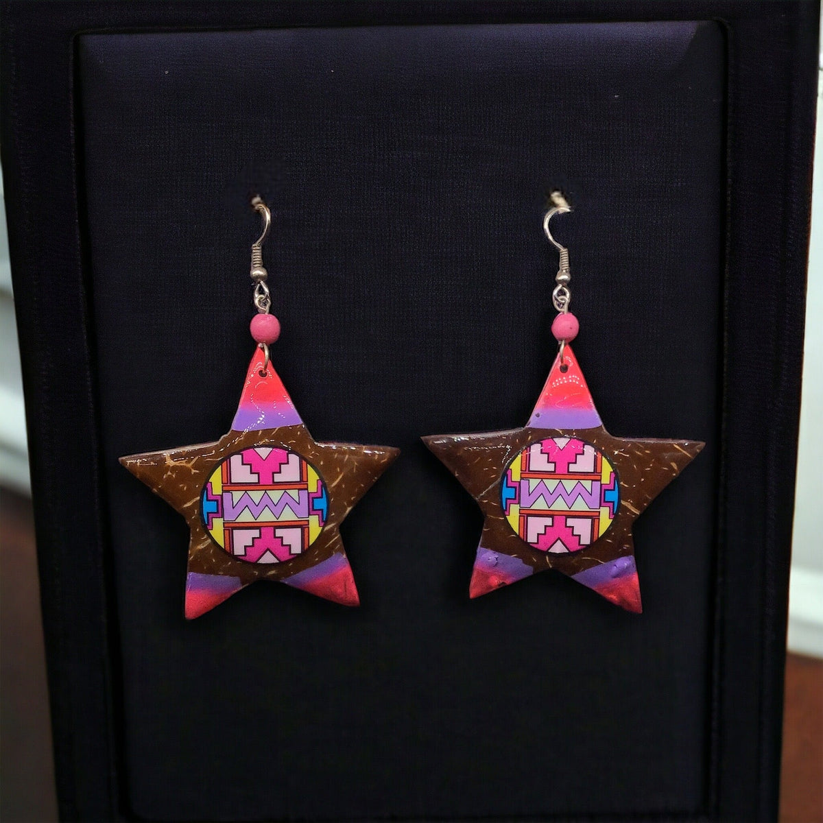 Painted Wood Pink Star Earrings