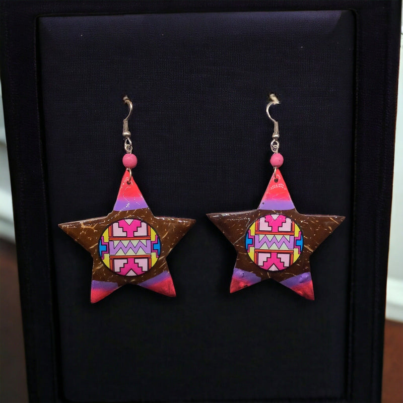 Painted Wood Pink Star Earrings-1