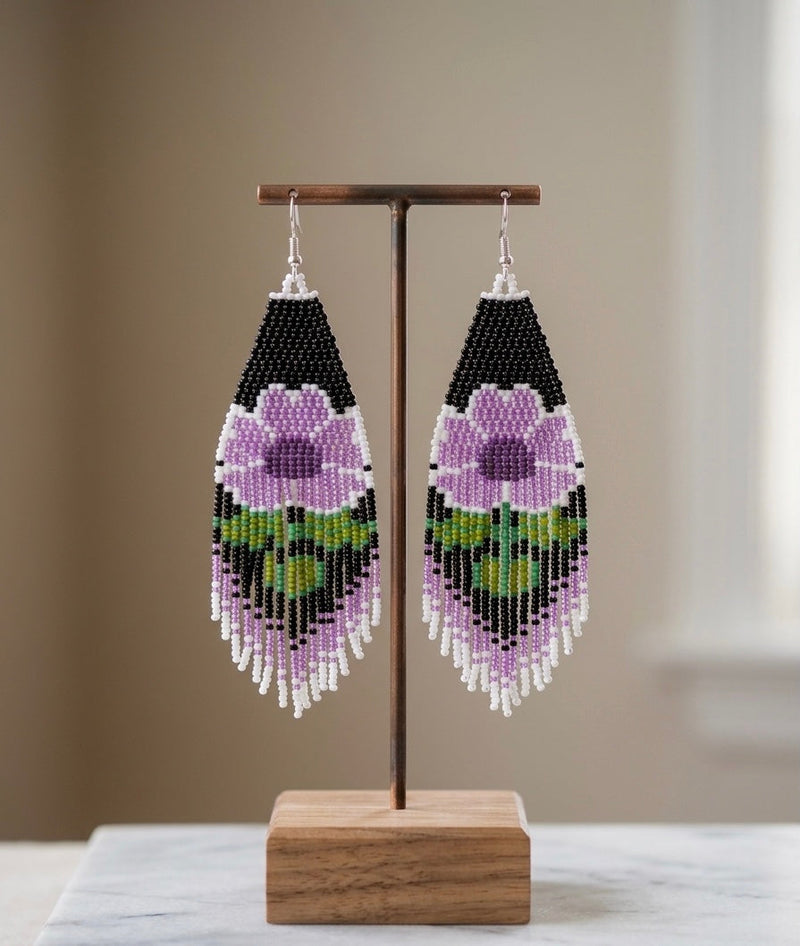 Flower Beaded Earrings ( Purple )-3
