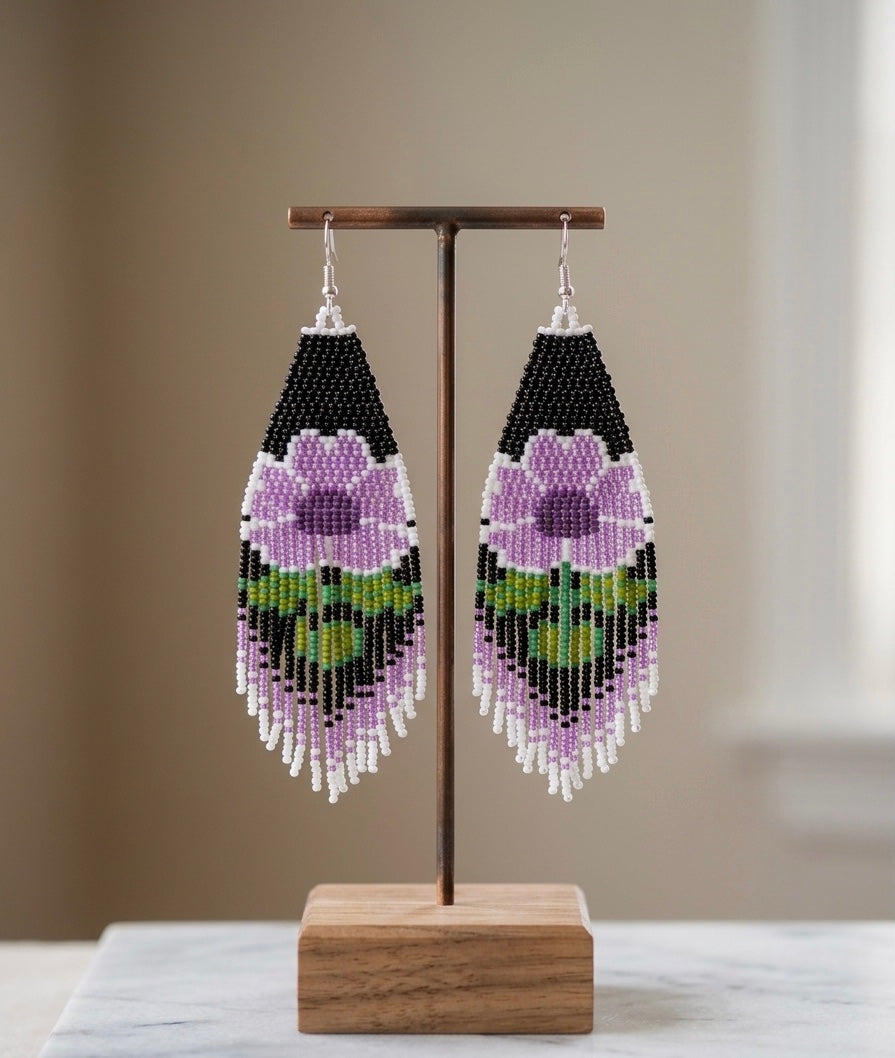 Flower Beaded Earrings ( Purple )-3