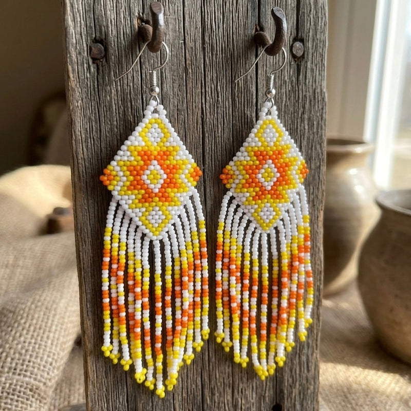 Fringe Bead Drop Earrings (White)-3