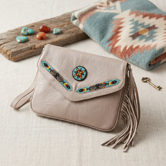 Leather beaded Crossbody bag(Beige)-2