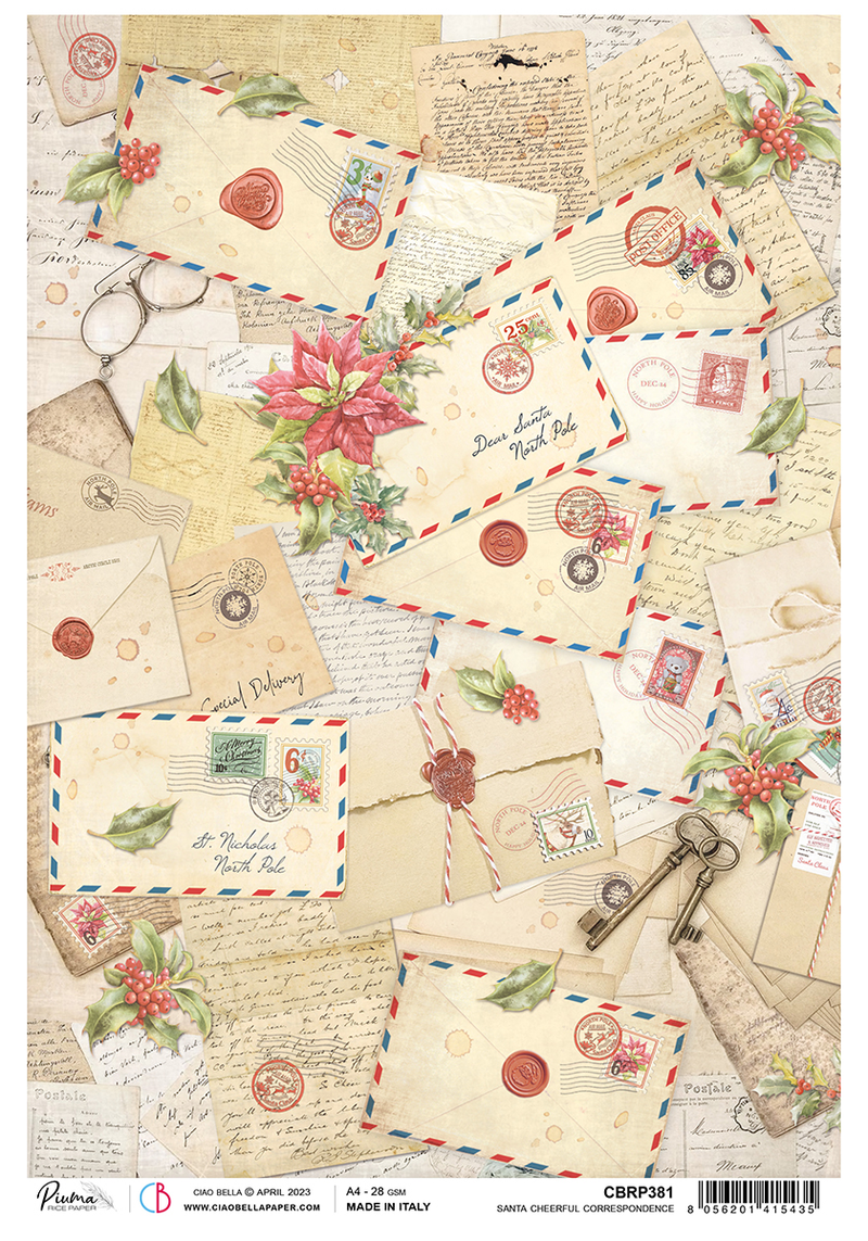 Ciao Bella Rice Paper A4 Piuma Santa Correspondance Joyeuse - 5 Feuilles-1