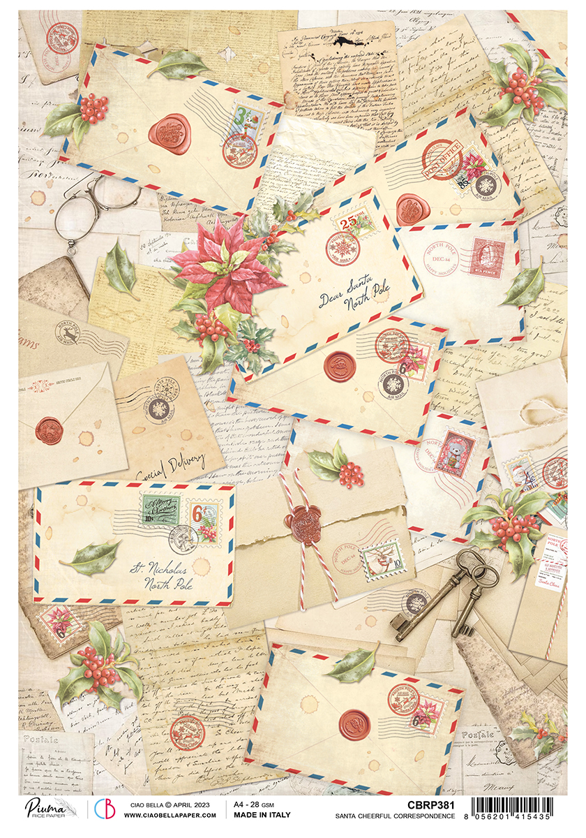 Ciao Bella Rice Paper A4 Piuma Santa Correspondance Joyeuse - 5 Feuilles