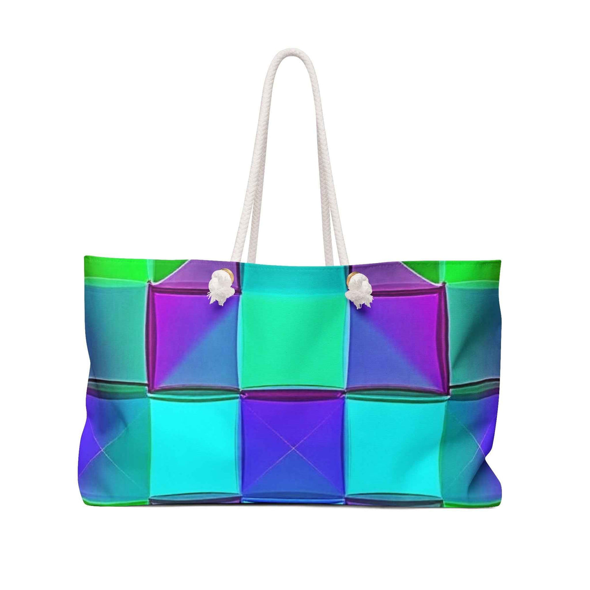 Teal Purple Geometric Pattern Weekender Bag | Colorful Cube Design, Large Tote Bag-1
