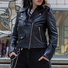 Women’s Lightweight Leather Fashion Jacket | Soft Naked Cowhide Casual Moto Style-23
