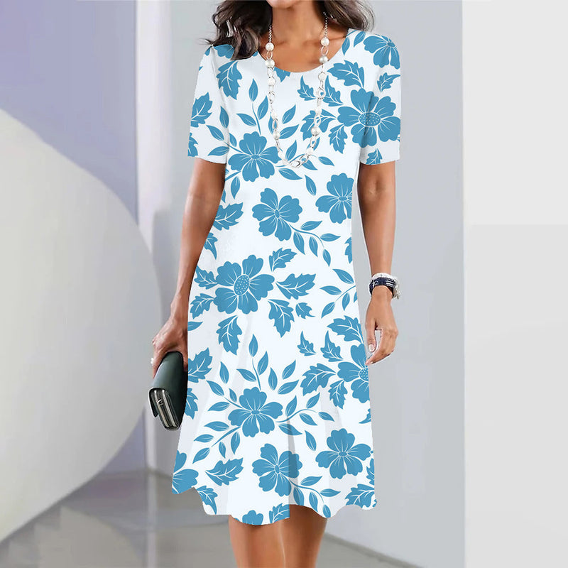 Women’s 3D Floral Print Party Dress – Blue Round-Neck Sleeveless Elegant Dress-9