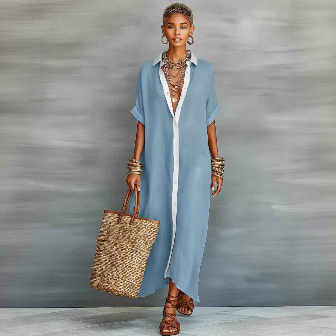 Women’s Summer Short-Sleeve Shirt Dress – Lapel Collar Button-Front Maxi Dress-5