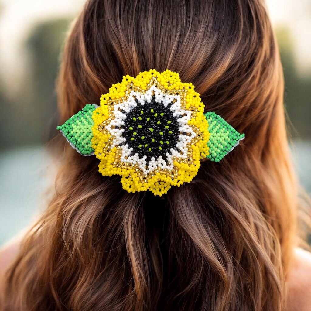 Handmade Beaded Sunflower Hair Clip-Golden and White