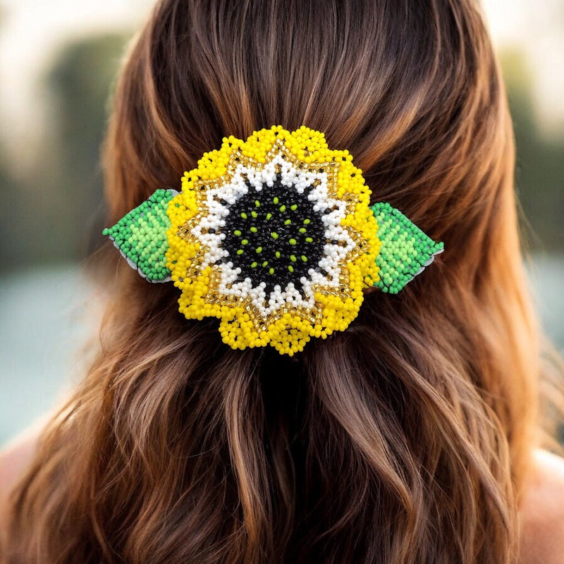 Handmade Beaded Sunflower Hair Clip-Golden and White-1