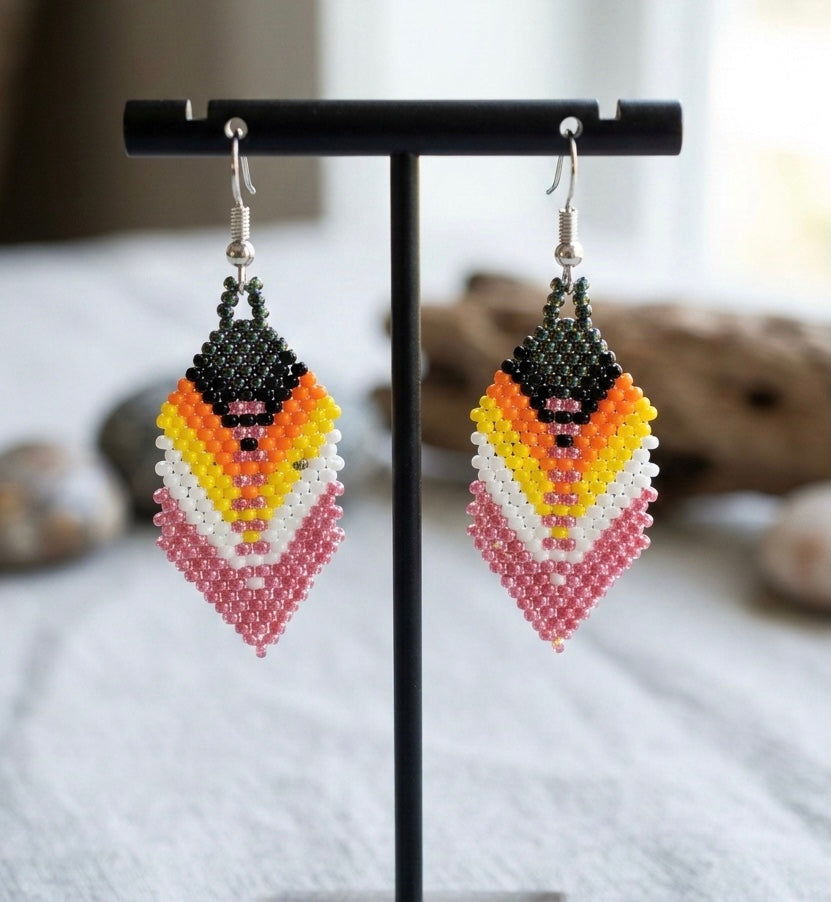 Pink Beaded Feather Drop Earrings