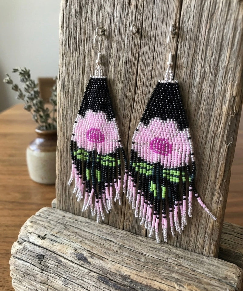 Flower Beaded Earrings ( Pink )-3