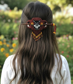 Wolf Fringed Beaded Barrette & Wooden Stick-10