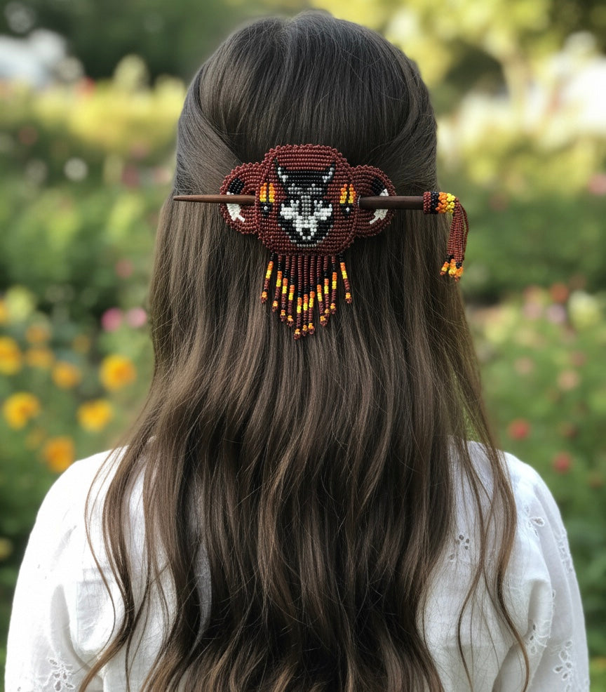 Wolf Fringed Beaded Barrette & Wooden Stick-10