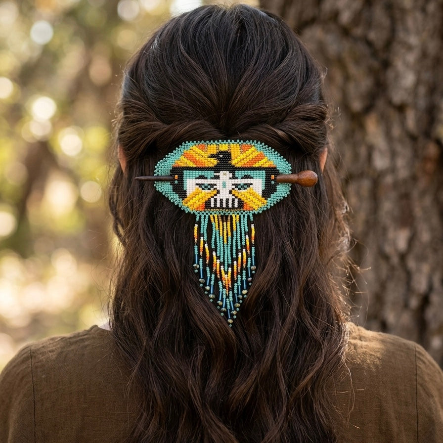 Eagle Fringed Beaded Barrette & Wooden Stick-3