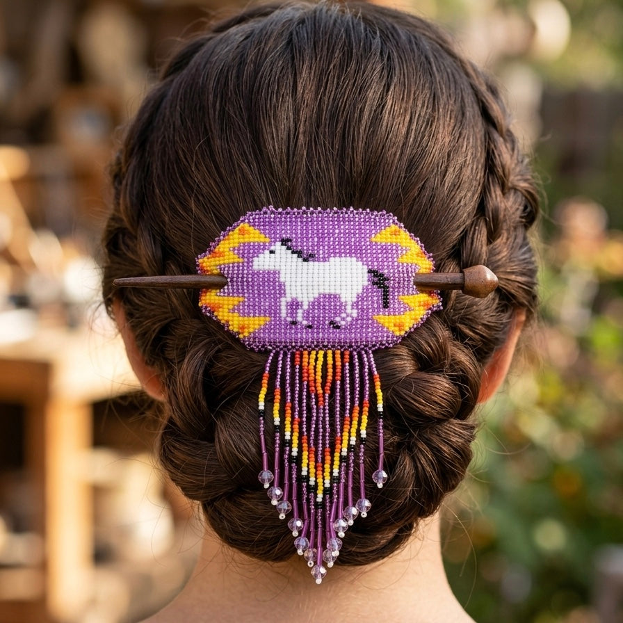 Fringed Beaded Barrette & Wooden Stick Horses-1