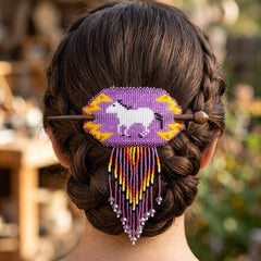 Fringed Beaded Barrette & Wooden Stick Horses-1