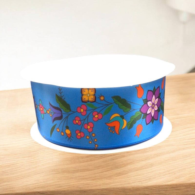 Blue Double Face Floral Ribbon Roll-3