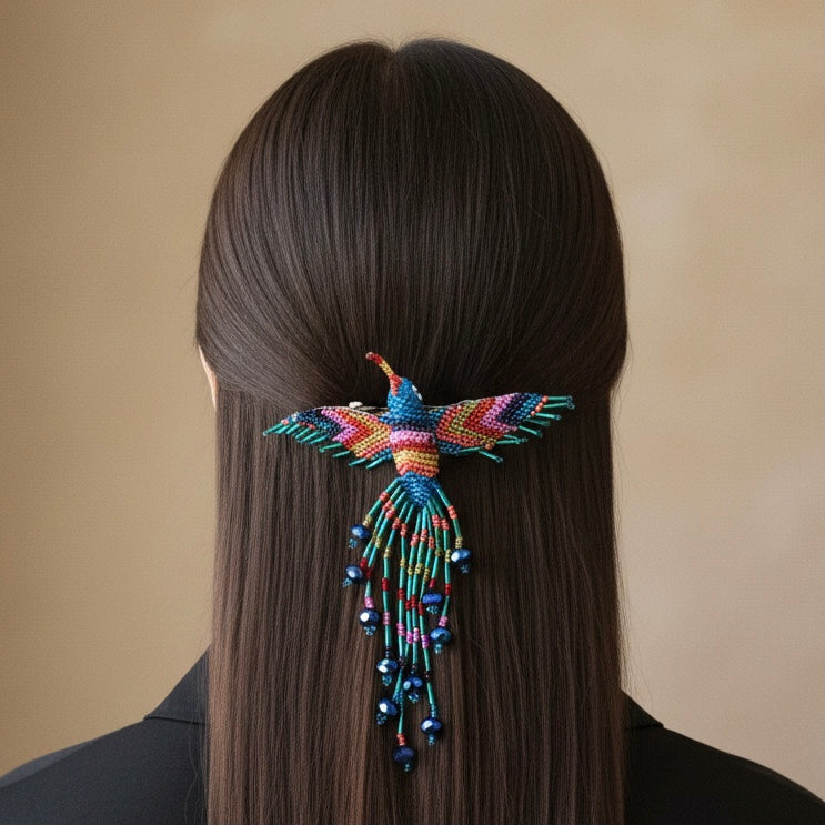 Pink white blue Hummingbird Barrette with Fringes-1