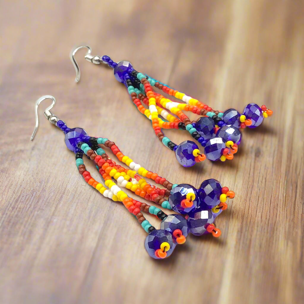 Blue Six-Strand Beaded Cascade Earrings-2