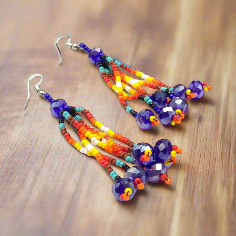 Blue Six-Strand Beaded Cascade Earrings-2
