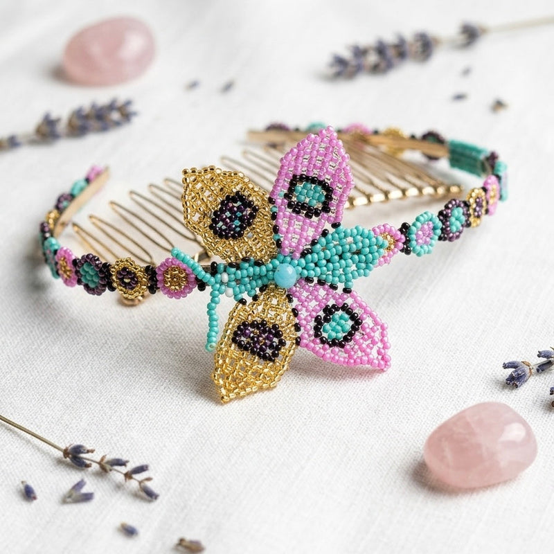 Beaded Headband with Butterfly Purple-3