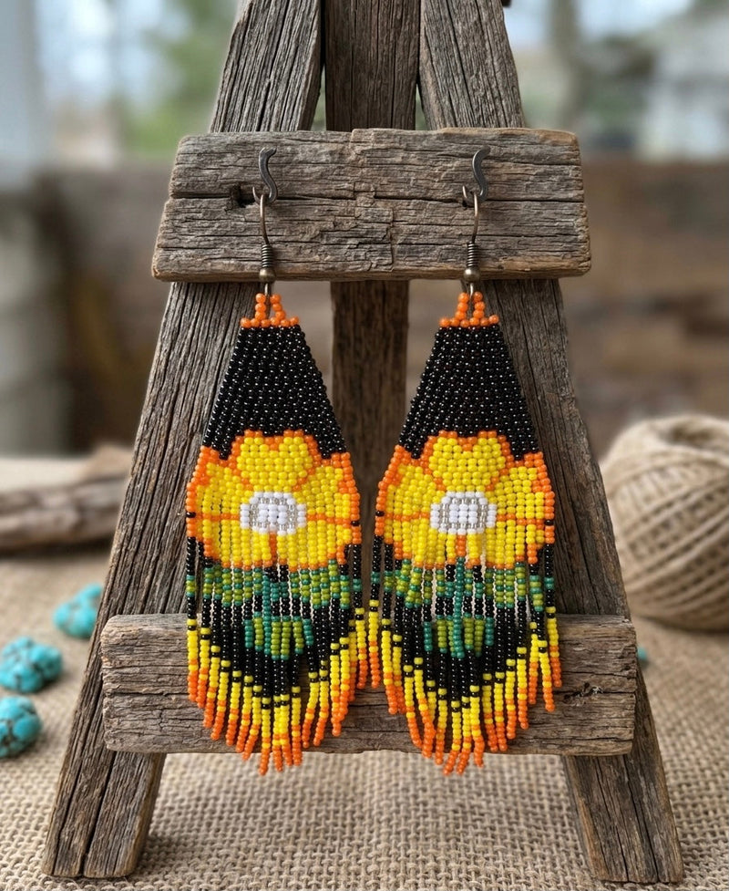 Flower Beaded Earrings ( Yellow )-4