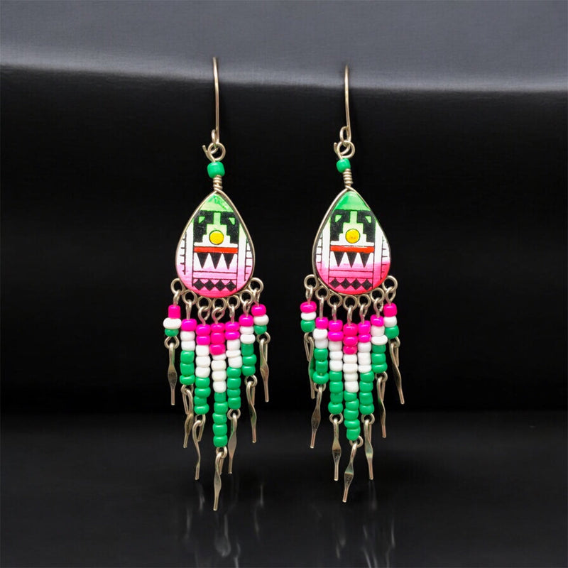 Small Sized Southwestern Pink and Green Teardrop Earrings-1