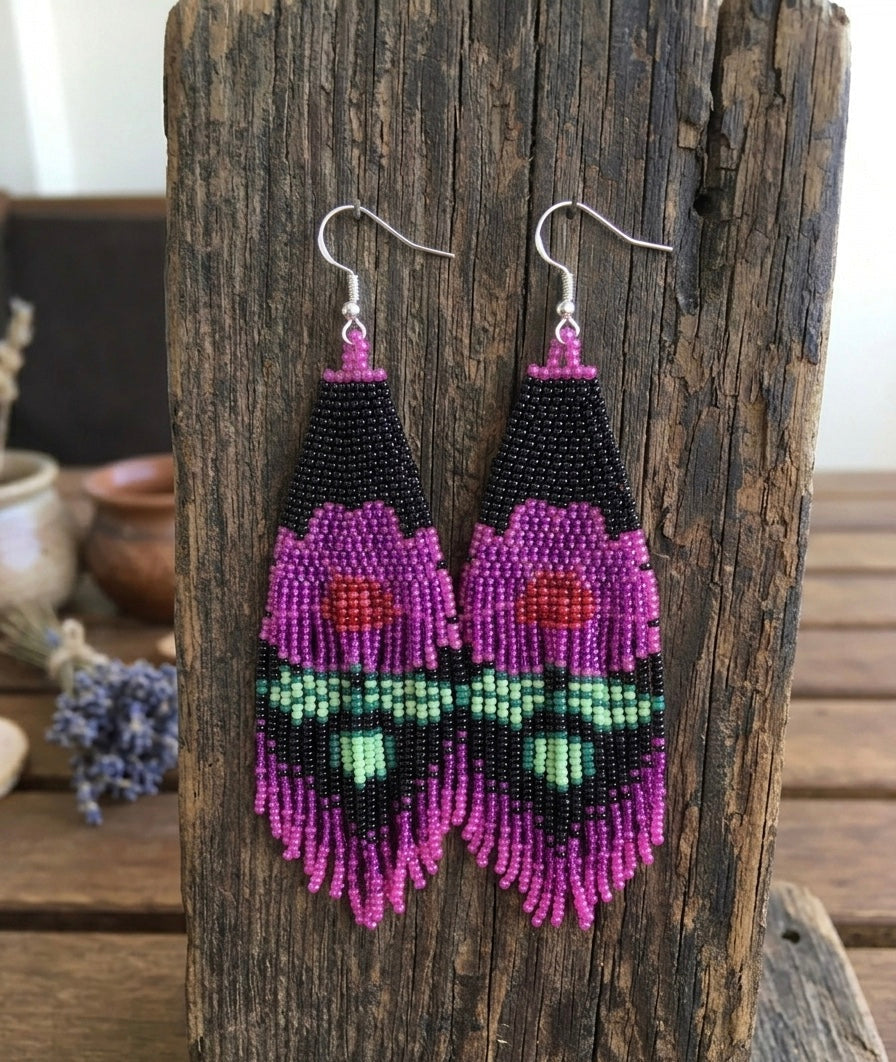 Flower Beaded Earrings ( Pink )