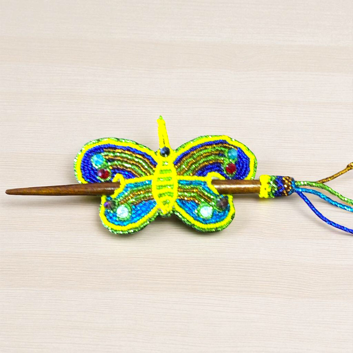 Yellow-Green Handmade Beaded Butterfly Barrete-2