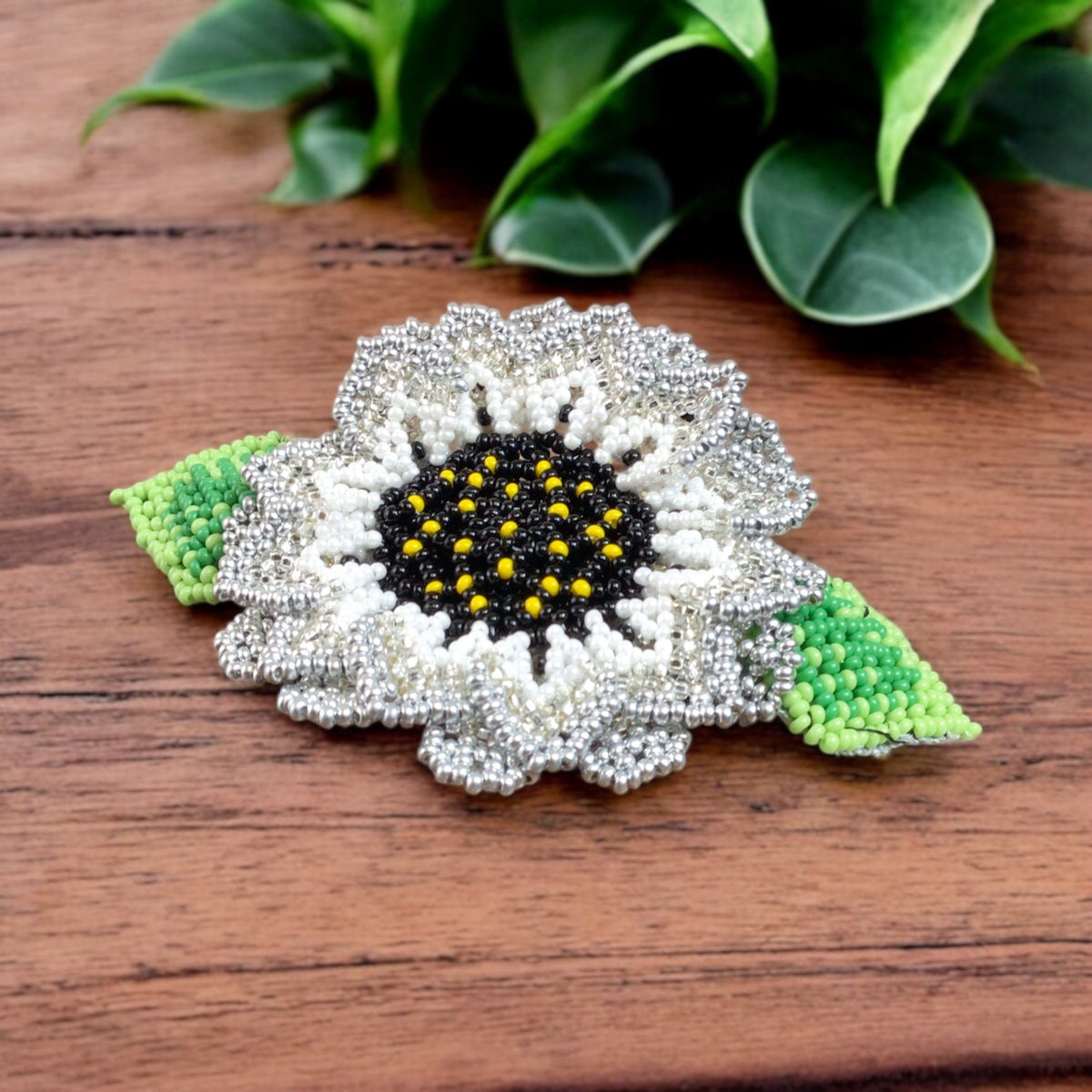 Handmade Beaded Sunflower Hair Clip- White and grey-2