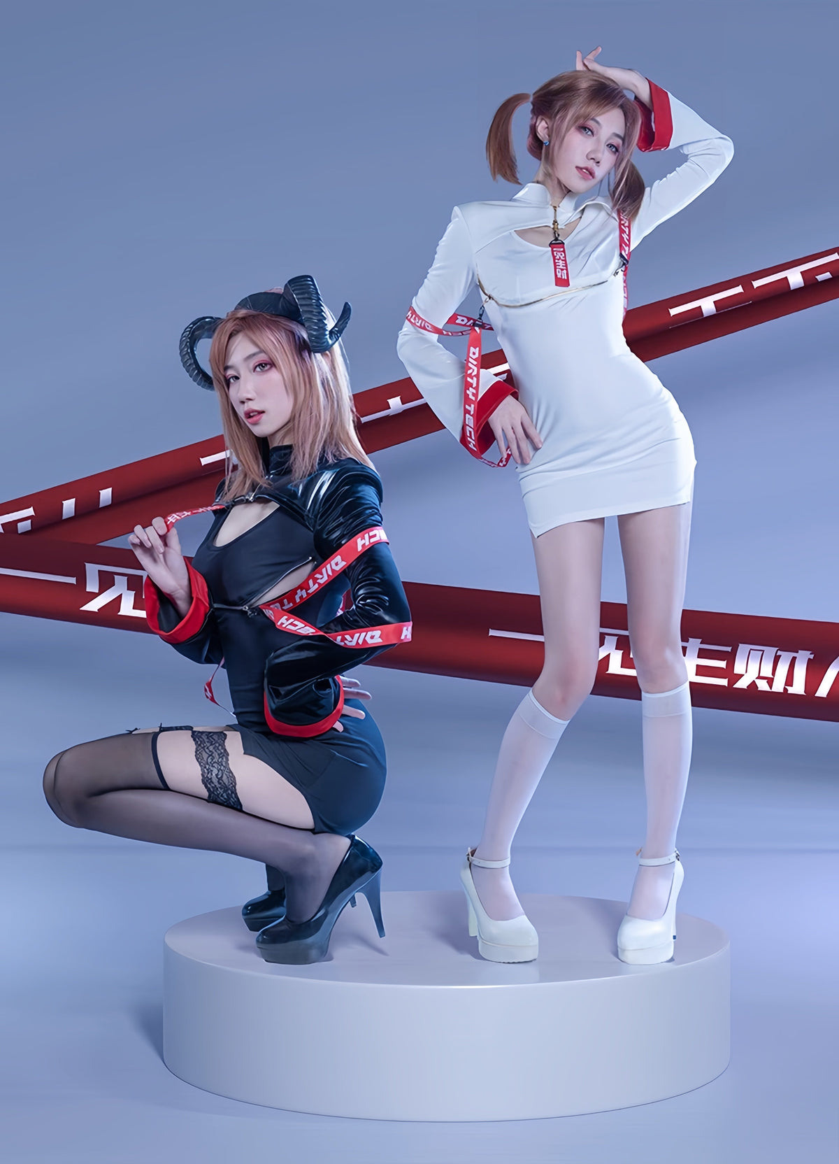 Anime Style Black and White Witch Spandex PU Leather Short Dress with Bust Zipper-12