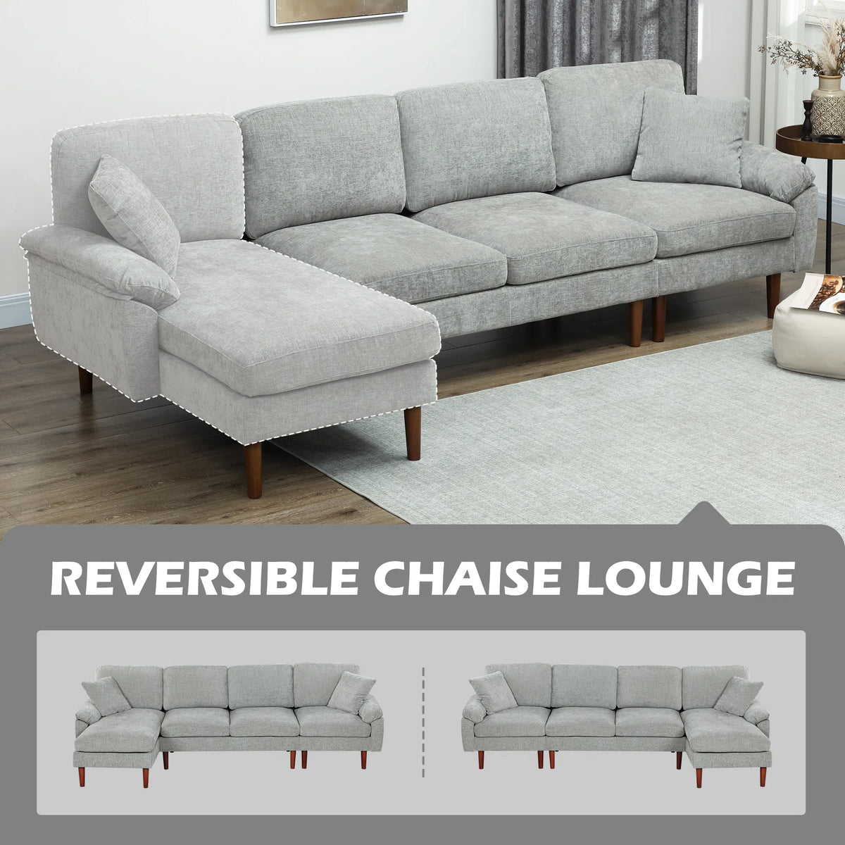 Grey L-Shape Sectional Sofa – Modern Reversible Chaise Couch with Pillows & Wooden Legs (United States & Canada Delivery Only)-4