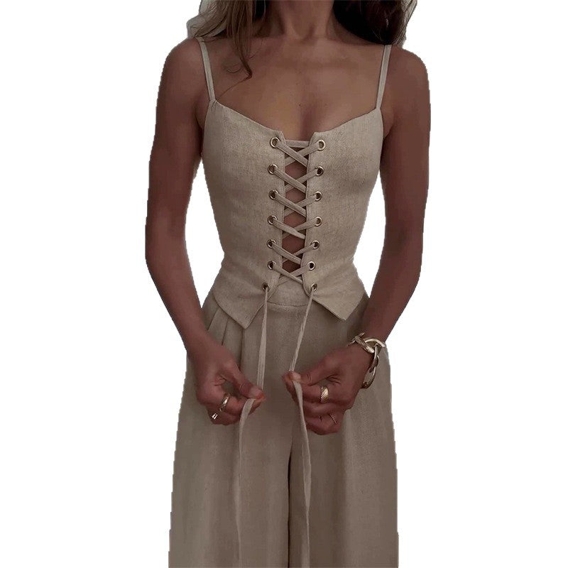 Women’s Sexy Hollow-Out Strap Top & Wide-Leg Pants Set – Casual Summer 2-Piece Outfit-7