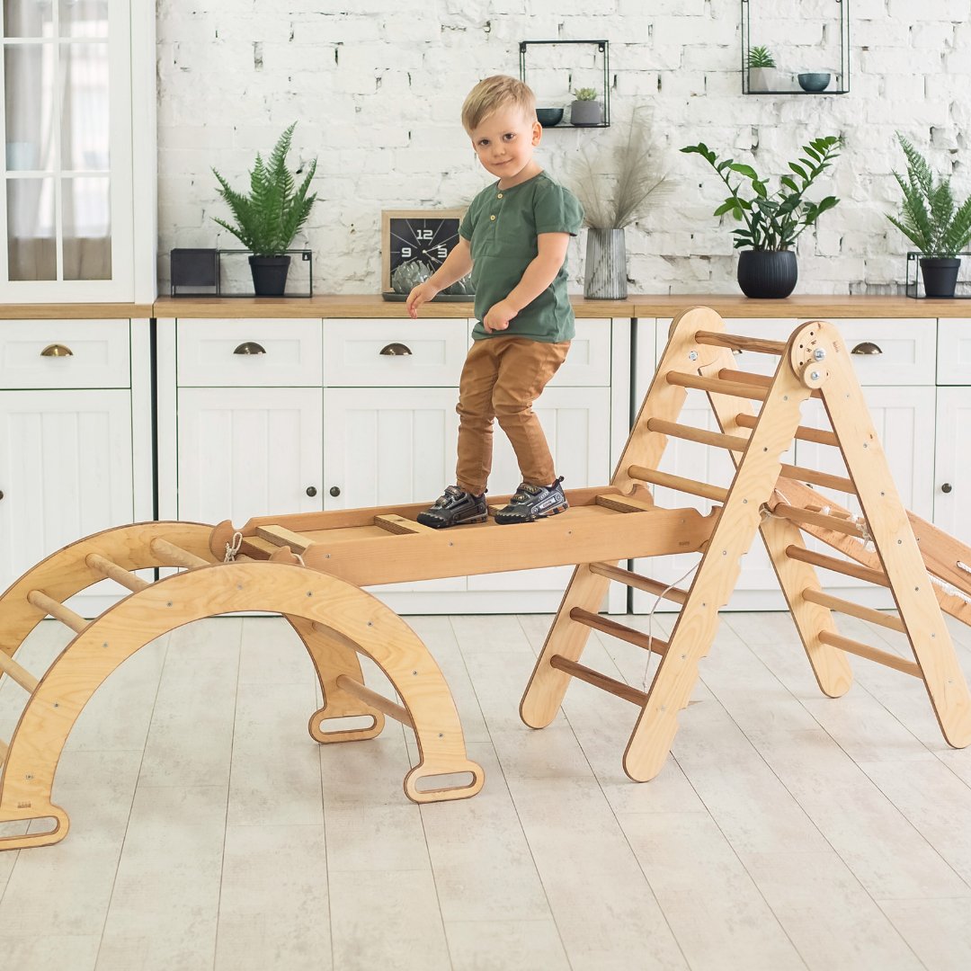 4in1 Montessori Climbing Frame Set: Triangle Ladder + Arch/Rocker + Slide Board/Ramp + Netting rope-4