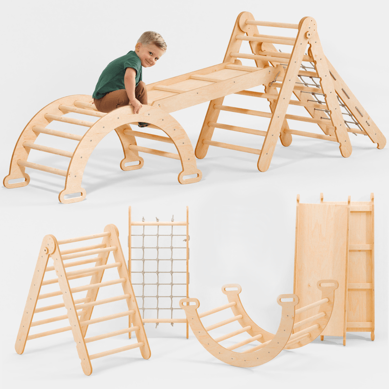 4in1 Montessori Climbing Frame Set: Triangle Ladder + Arch/Rocker + Slide Board/Ramp + Netting rope-2