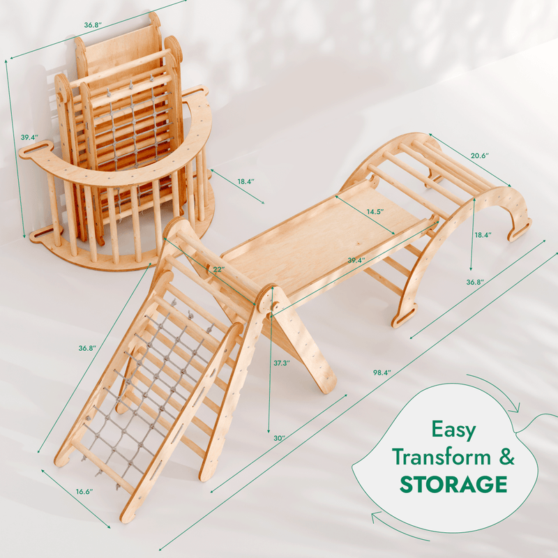 4in1 Montessori Climbing Frame Set: Triangle Ladder + Arch/Rocker + Slide Board/Ramp + Netting rope-3