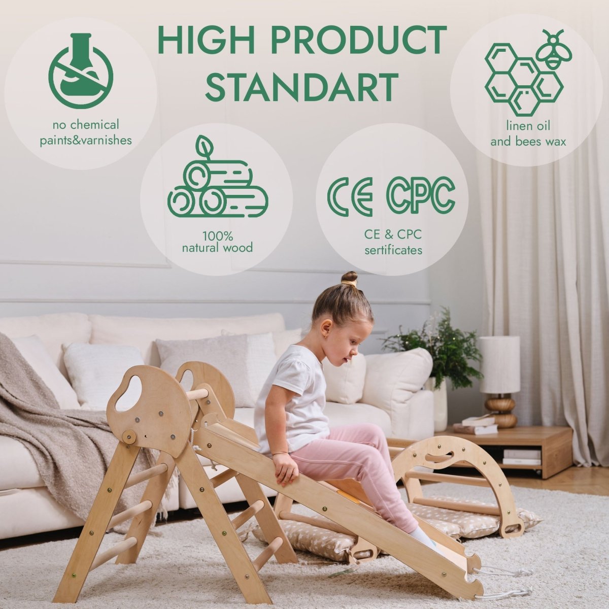4in1 Montessori Climbing Frame: Pikler Triangle + Arch + Slide Board + Cushion for Toddlers (1–3 Years)-6
