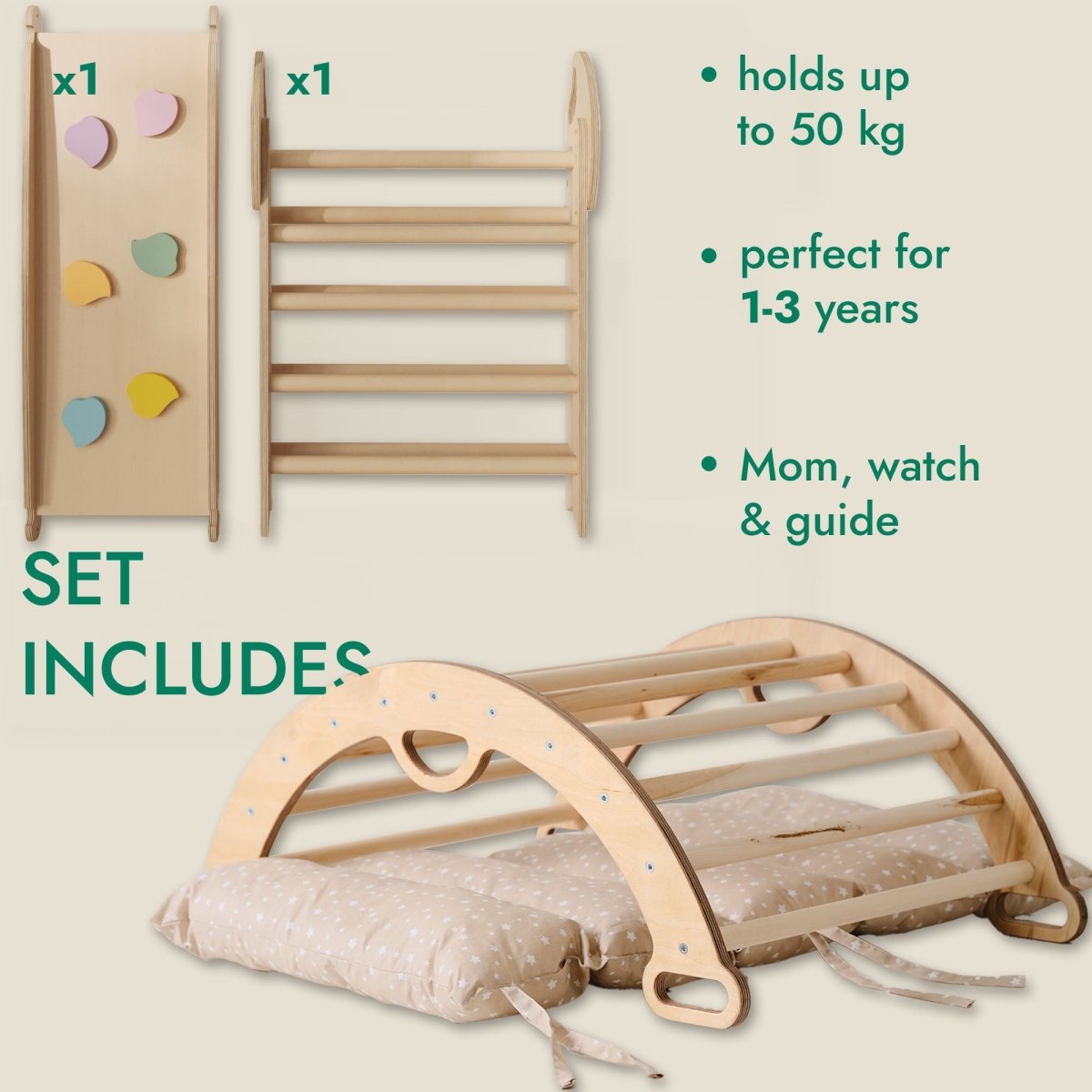 4in1 Montessori Climbing Frame: Pikler Triangle + Arch + Slide Board + Cushion for Toddlers (1–3 Years)-2