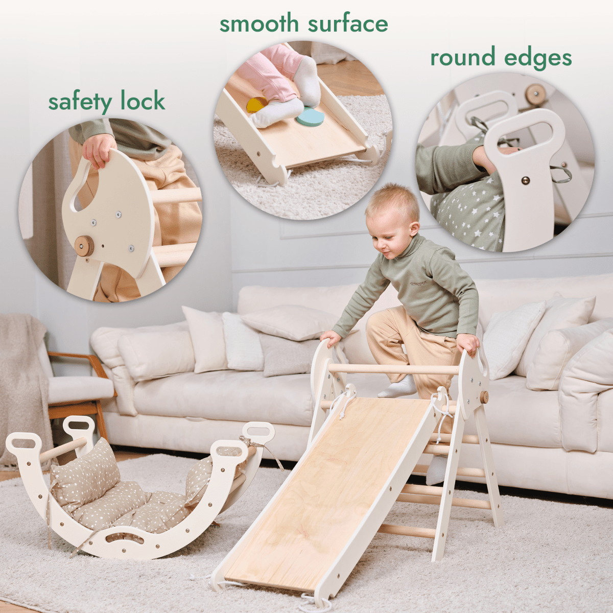 4in1 Montessori Climbing Frame: Pikler Triangle + Arch + Slide Board + Cushion for Toddlers (1–3 Years)-7