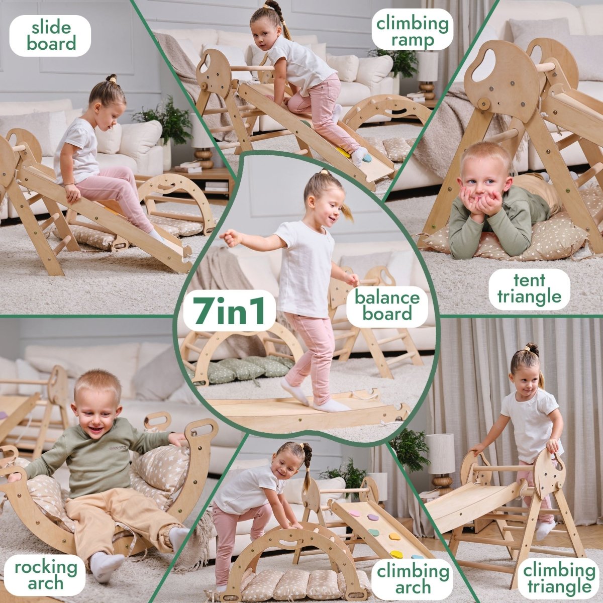 4in1 Montessori Climbing: Pikler Triangle + Arch + Slide Board + Cushion for Toddlers (1–3 Years) - Ivory-3