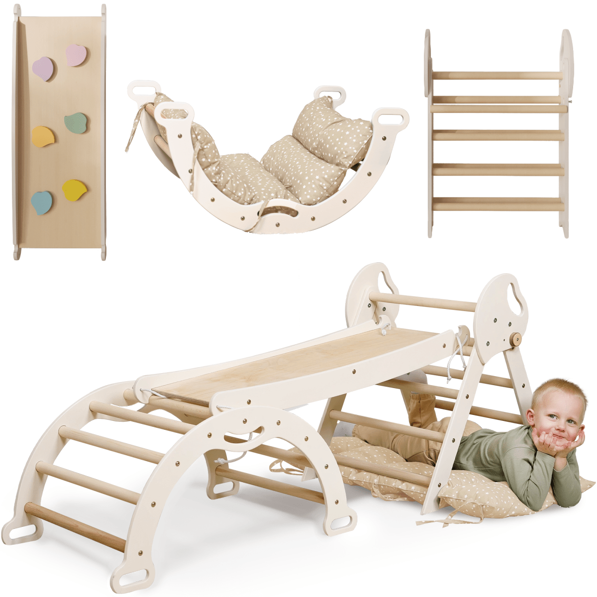 4in1 Montessori Climbing: Pikler Triangle + Arch + Slide Board + Cushion for Toddlers (1–3 Years) - Ivory-1