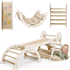 4in1 Montessori Climbing: Pikler Triangle + Arch + Slide Board + Cushion for Toddlers (1–3 Years) - Ivory-1