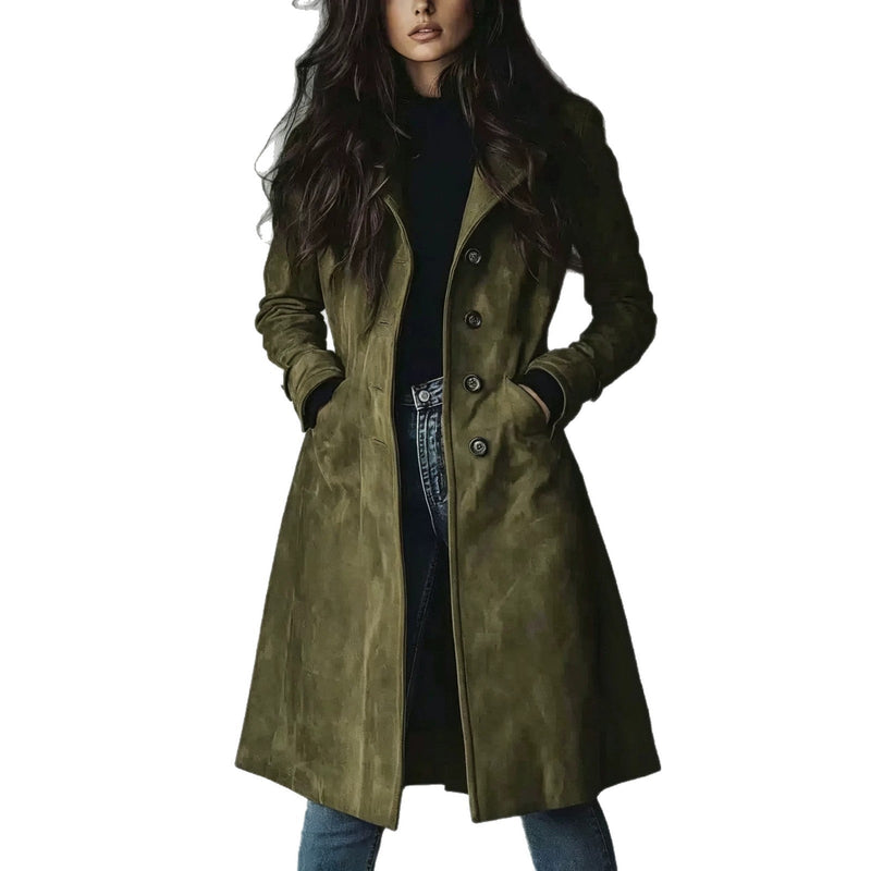 Women’s Suede Lapel Trench Coat – Mid-Length Fall & Winter Belted Jacket-7
