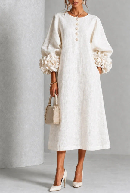 Women’s 3D Floral A-Line Dress – Puff Sleeve French-Style Party & Wedding Dress-4