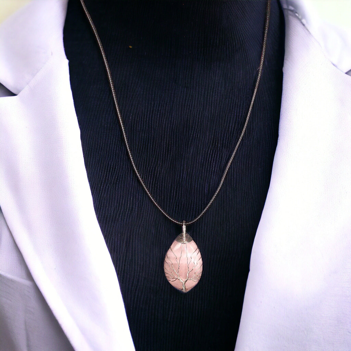 Light pink Gemstone Pendant Wrapped w/ Silver Tree of Life