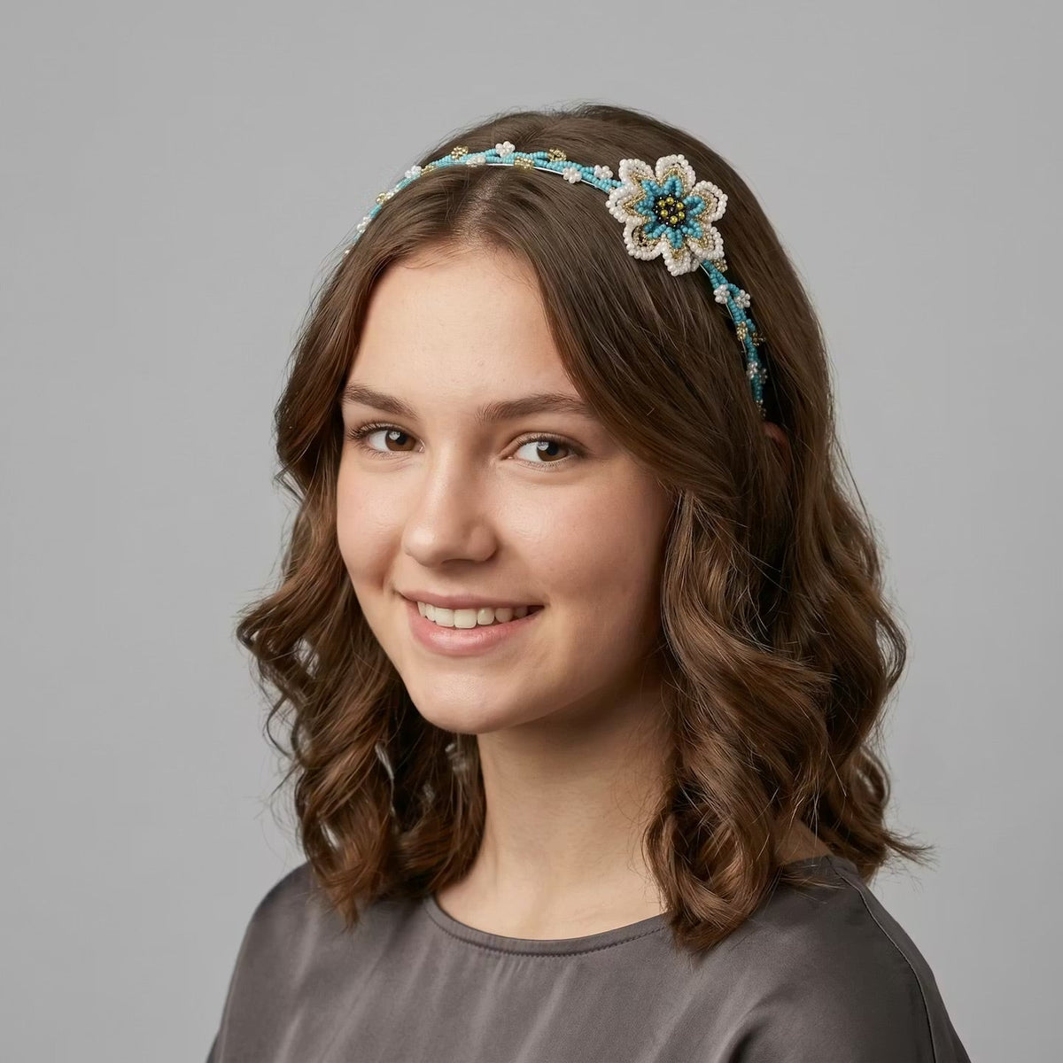 Beaded Headband with Flower Turquoise-1
