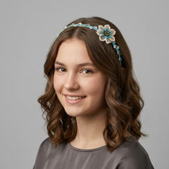 Beaded Headband with Flower Turquoise-1
